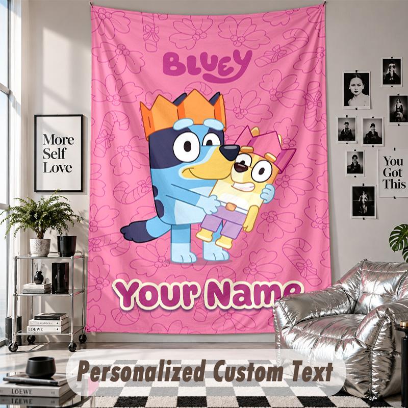 Wall Hanging Tapestry With Custom Name & Text, Bluey Decorative Tapestry For Bedroom