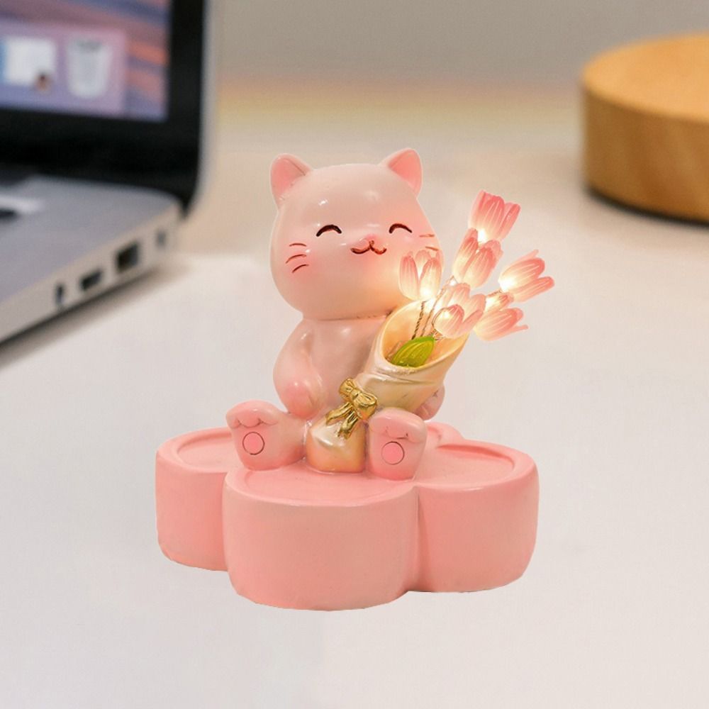 Kawaii Little Cat Tulip Night Light Cartoon Animal Bouquet Sculpture Bedroom