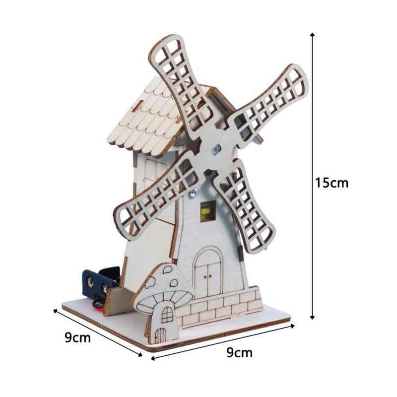 Wooden Electric Windmill House Handmade Material Set Creative Assembled Science Education Jigsaw