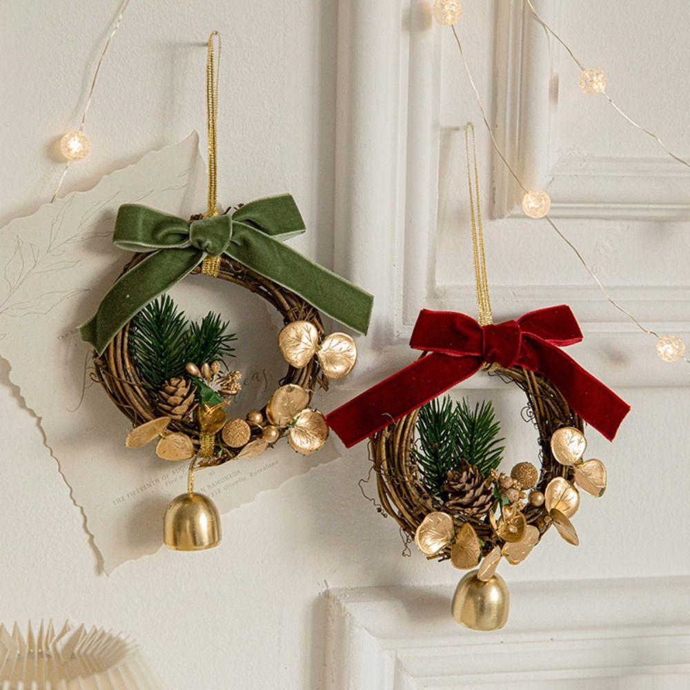 Wreath Christmas Chime Bell Red Pine Cone Bell Pendant Christmas Velvet Bow Bell  Xmas Decor