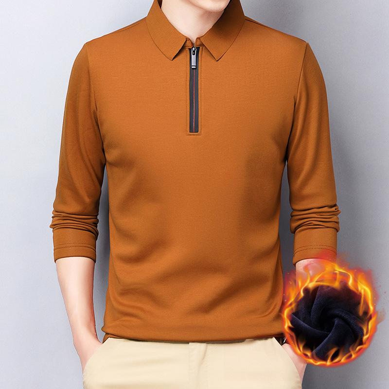 Men's Autumn and Winter Fleece Thickened Stand-up Collar Zipper Long-sleeved Shirt with Long-sleeved Shirt Warm Business T-shirt