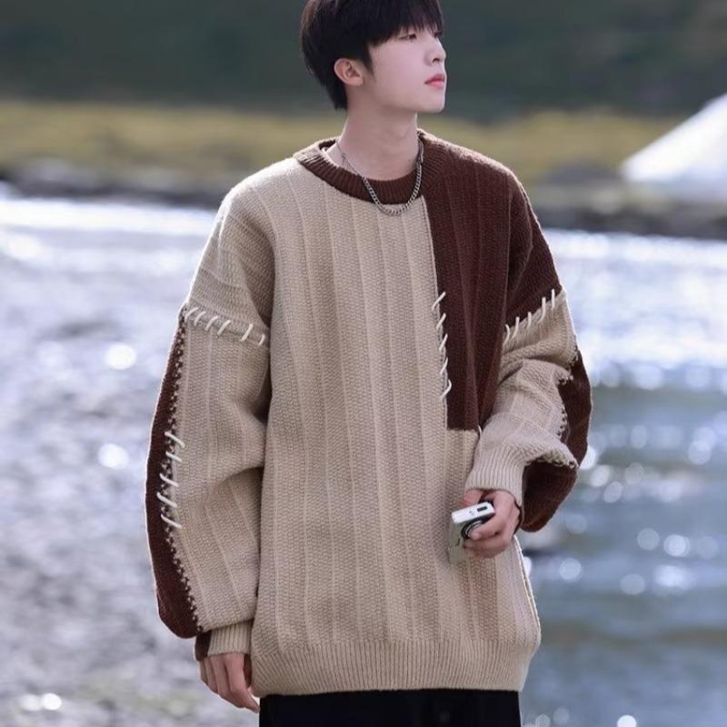 

Мужской модный вязаный свитер в стиле колор-блок: Повседневный, Стильный Пуловер Осень/Зима 3XL хаки