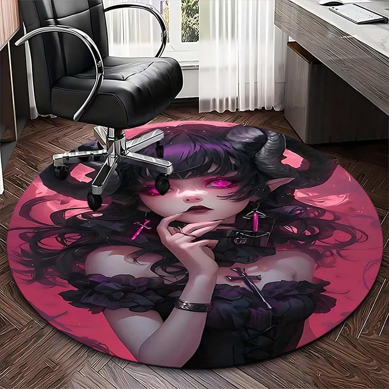 1pc Gothic Devil Girl Round Carpet Anime Design Office Chair Mat, Anti Slip Rug for Home Decor, Living Room, Bedroom, Game Room, Festival Gift