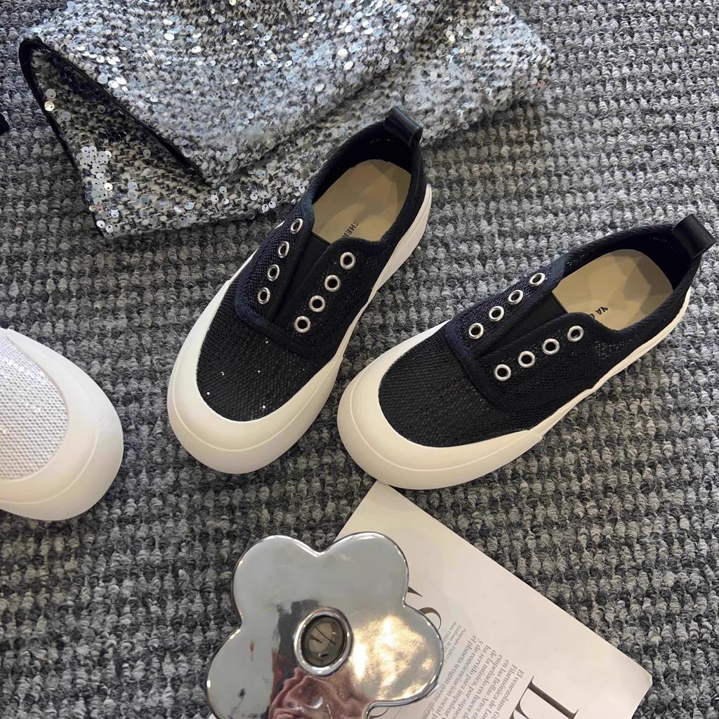 Lazy one-pedal single shoes women's 2025 summer new little white shoes spring breathable mesh sequins platform casual board shoes