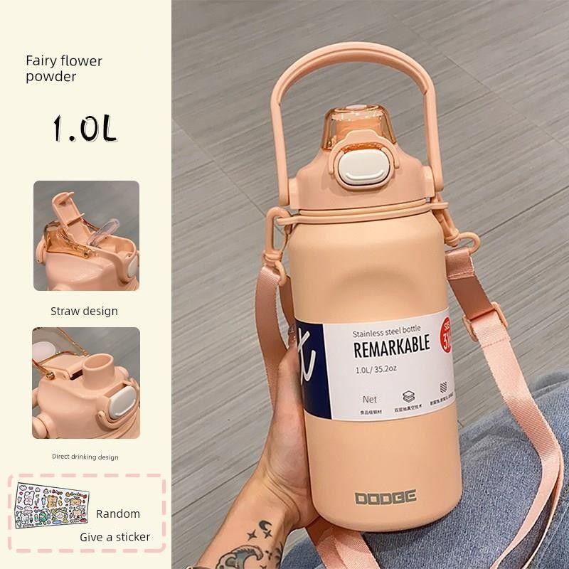 Japanese Large-Capacity Thermos Cup for Women, 316 Stainless Steel, Big Belly Straw Cup, High Aesthetic Children's Water Bottle for Men