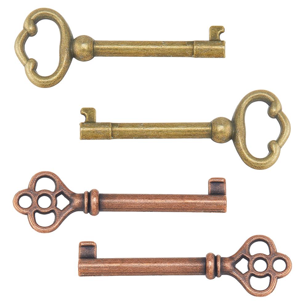 4Pcs 2 Styles Tibetan Style Alloy Big Pendants Key Mixed Color 60x18.5~24x7~8mm Hole: 3.5~17.5mm 2pcs/style