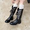 Famous Style~ Retro Embroidery Bow Lace-Up Western Cowboy Boots Women's V-Buckle Versatile Skinny Thick Heel Fashion Boots
