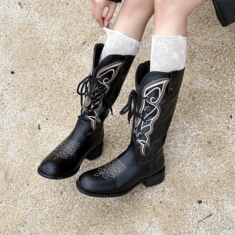 Famous Style~ Retro Embroidery Bow Lace-Up Western Cowboy Boots Women's V-Buckle Versatile Skinny Thick Heel Fashion Boots