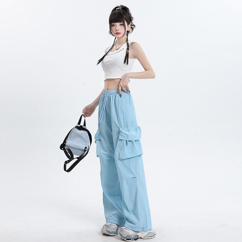 TXJ American overalls women's summer thin dopamine blue loose lazy casual quick-drying sweatpants