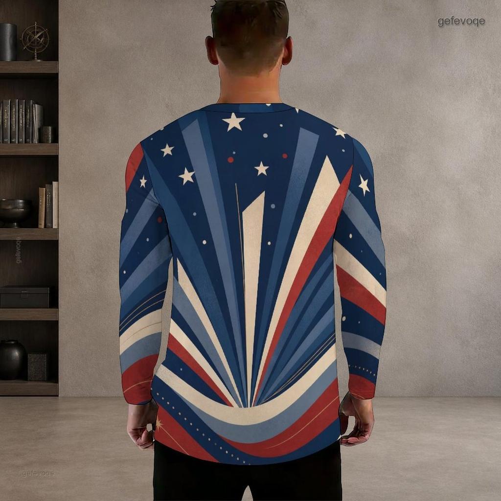Men S Plus Size Round Neck Long Sleeve Vintage American Flag Printed Pullover T Shirt Straight Hem