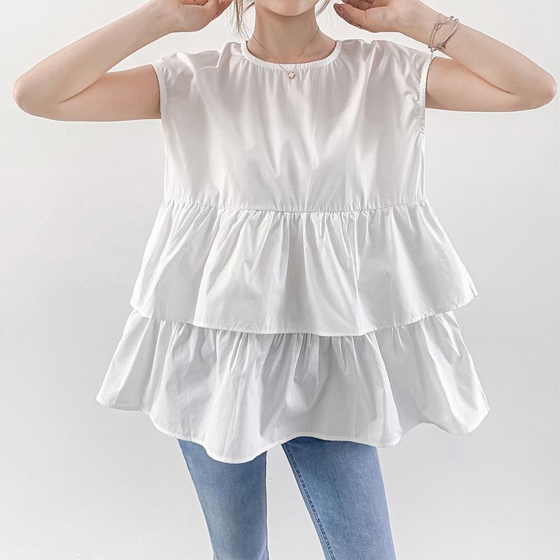 

Новая японская рубашка с короткими рукавами для женщин, летняя, большая версия, свободная, однотонная, с круглым вырезом, универсальная, повседневная, с плиссированными оборками One size