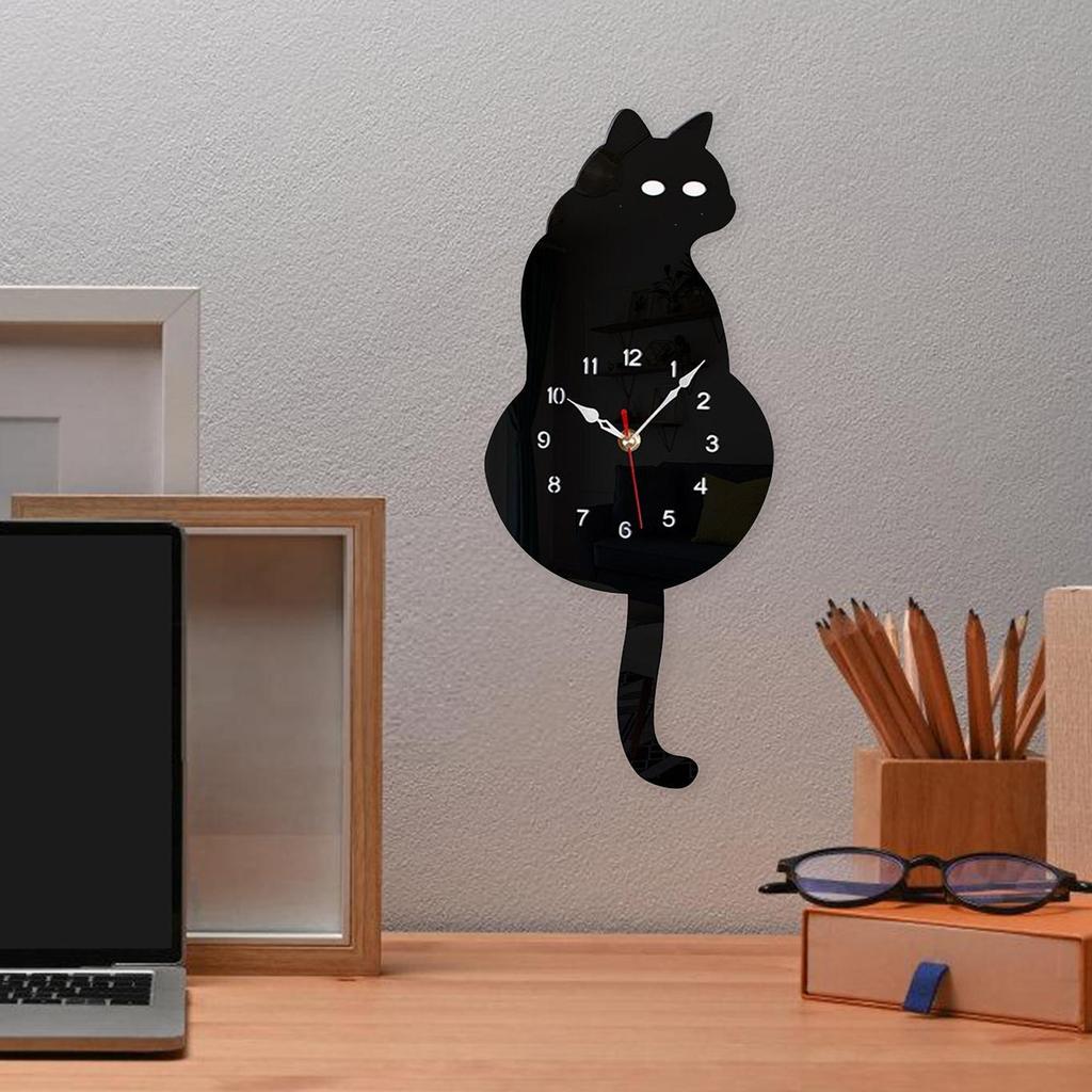 Cat Pend-ulum Wall Clock Cute Cat Clock With Movable Wagging Tail Wall Clock Silent Clock Decoration For Bedroom Living Room