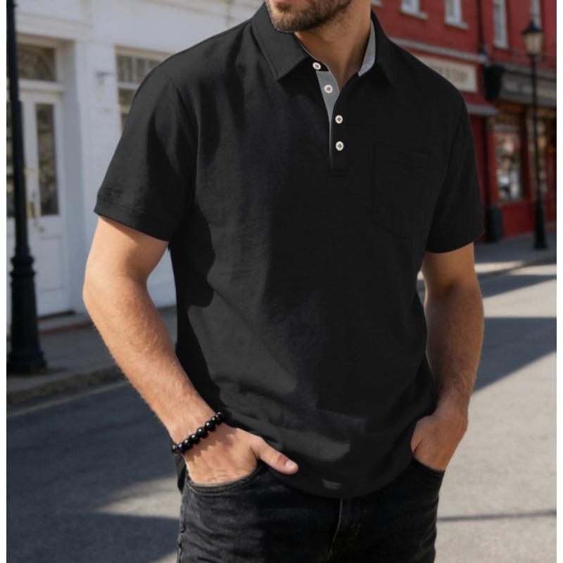 Men Solid Loose Short Sleeve Pocket Business Casual Turn Down Collar Polo Shirt
