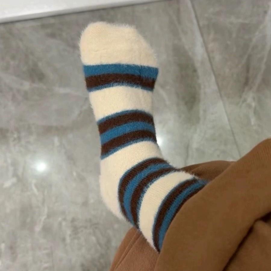 Korean Socks Children's Mid Tube Socks Winter Thickened Warm Mink Fleece Socks Striped Color Blocked Mid Tube Socks Stacked Sock