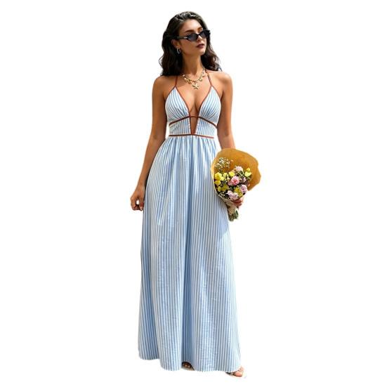Women s Halter Striped Maxi Dress Sleeveless Deep V Neck A Line Sundress Summer A-Line Beach Vacation Dress S