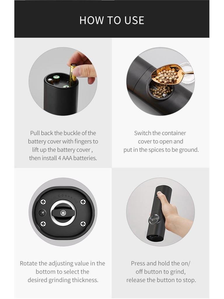 Electric Black Pepper Grinder, Stainless Steel Kitchen Tool with Reinforced Grinding Core