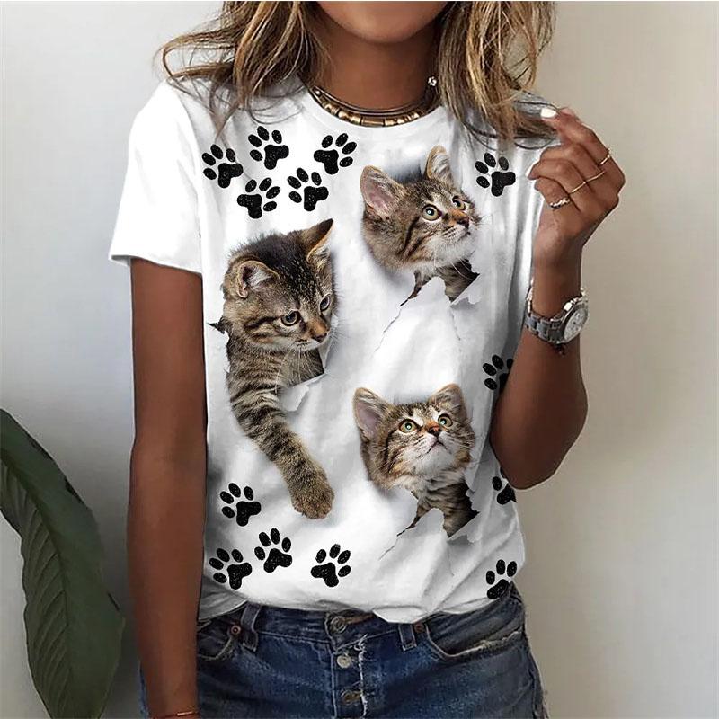 Women's 3D fun cat print T-shirt, casual fashion shorts, Y2K sleeve T-shirt, Harajuku streetwear, T-shirt, women's clothing