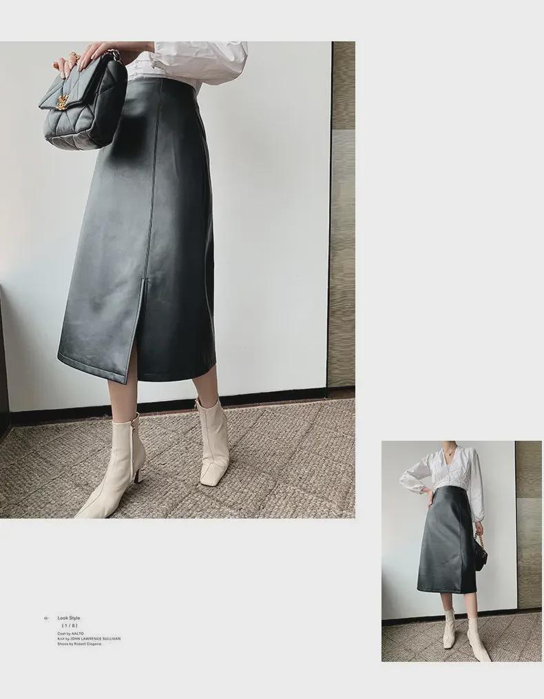 PU Leather A-Line Skirt: Autumn/Winter 2025, Slimming Mid-Length with Slit, Versatile Korean Style for Women
