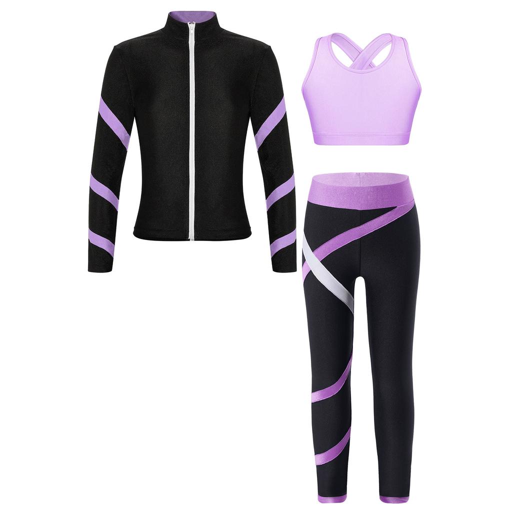 Girls 3Pcs/Set Tracksuit Sleeveless Vest Long Sleeve Sport Tops Leggings for Yoga Workout Running