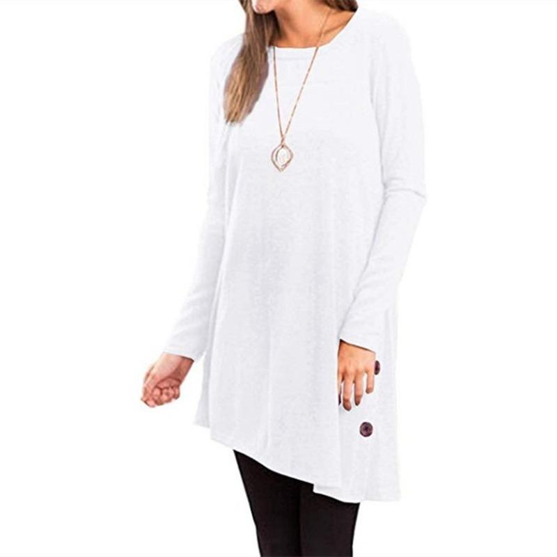 

Осенняя футболка с длинным рукавом и круглым вырезом, женская длинная рубашка, однотонный асимметричный топ XL белый