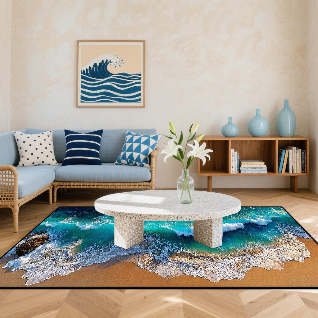 3D Küstenstrandwellen Teppiche Wohnzimmer Cartoon Dekoration Zuhause Großer Teppich Sofabereich Teppich Schlafzimmer Lounge Bodenmatte Waschbar