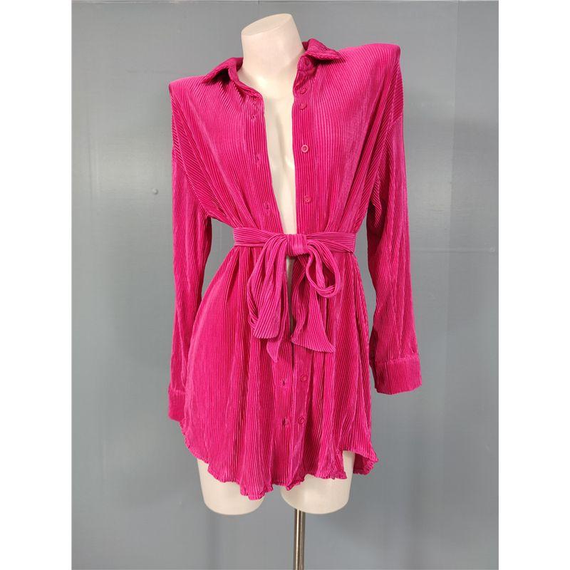 

Foreign Trade Order 21 Autumn New Long sleeve Pleat Breasted Lady Temperament Waist Hugging Slimming Versatile Fashion Shirt Dress Rose Red L