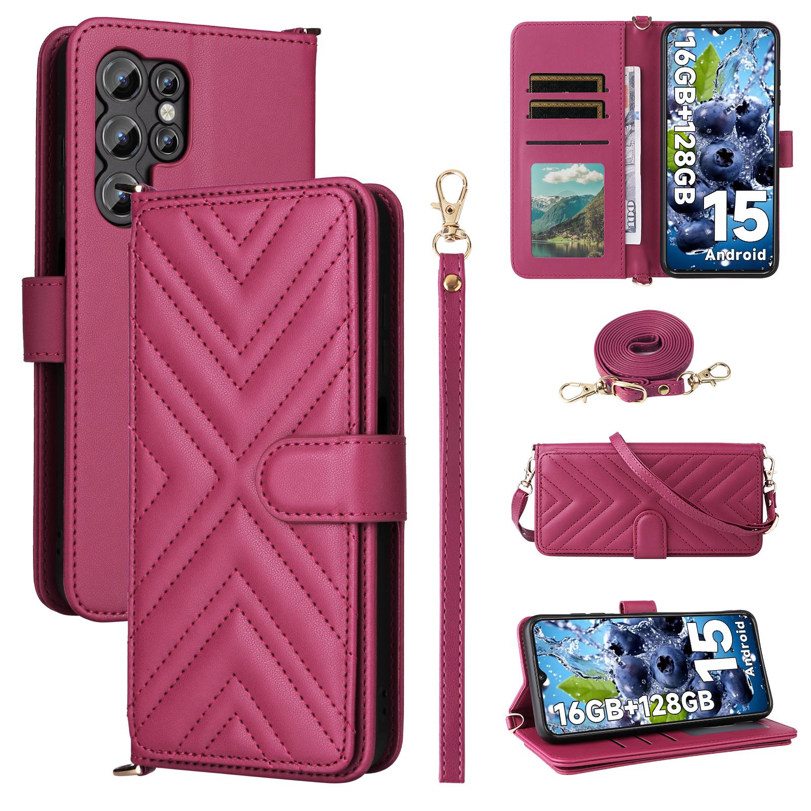 

For Oukitel C1/C1 Pro Case with Shoulder/Wrist Strap Leather Phone Cover Stand Wallet Rose