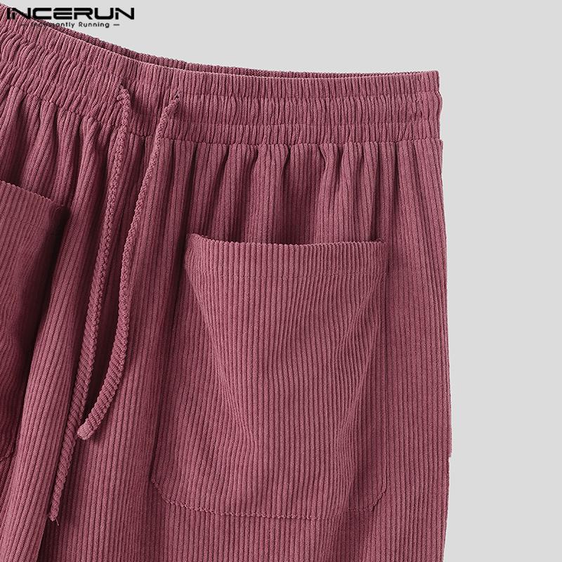 INCERUN Pánské jarní kalhoty s texturou, ležérní volné dlouhé kalhoty s elastickým pasem na stahovací šňůrku a kapsami