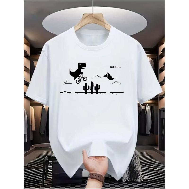 

European sizes Men s Retro 80s Gaming Graphic T-Shirt - Dinosaur Riding & Cactus Desert Night Design with 8-Bit Pixel Art 4XL білий