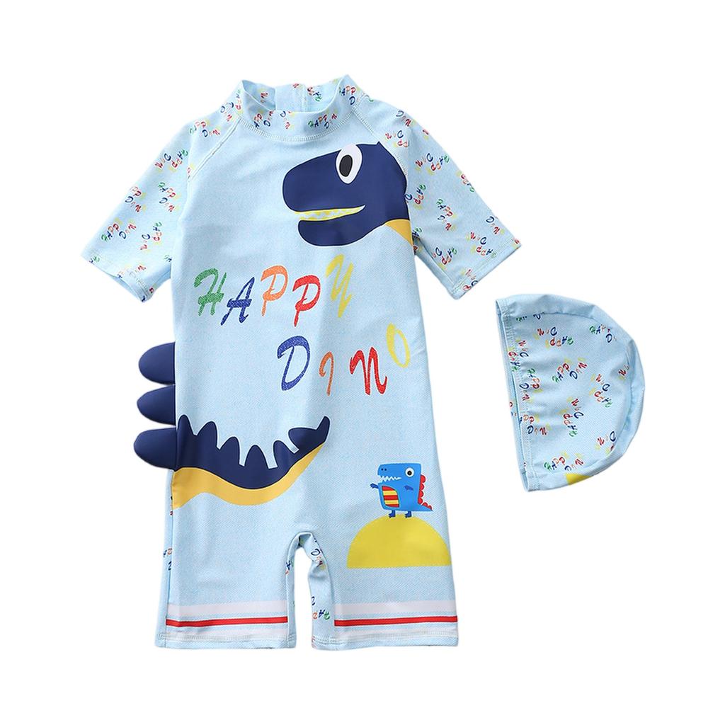 Boys Short Sleeve Hooded One-Piece Swimsuit Cartoon Dinosaur Print Beach Swimwear Summer Kids Swim Shirt with Matching Swim Cap