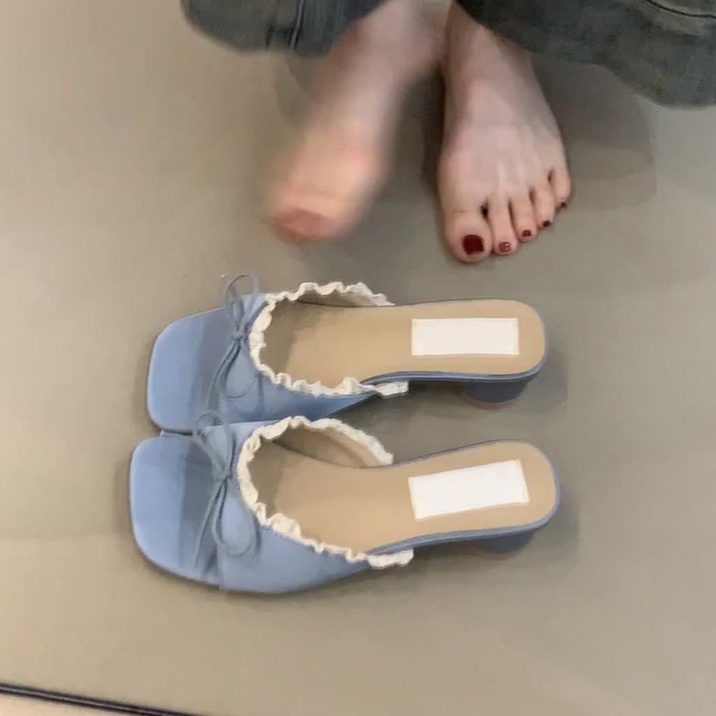 Gentle Fairy Cool Slippers 2025 Summer French Sweet Elegant Lace Bow Silk Open-toed Sandals