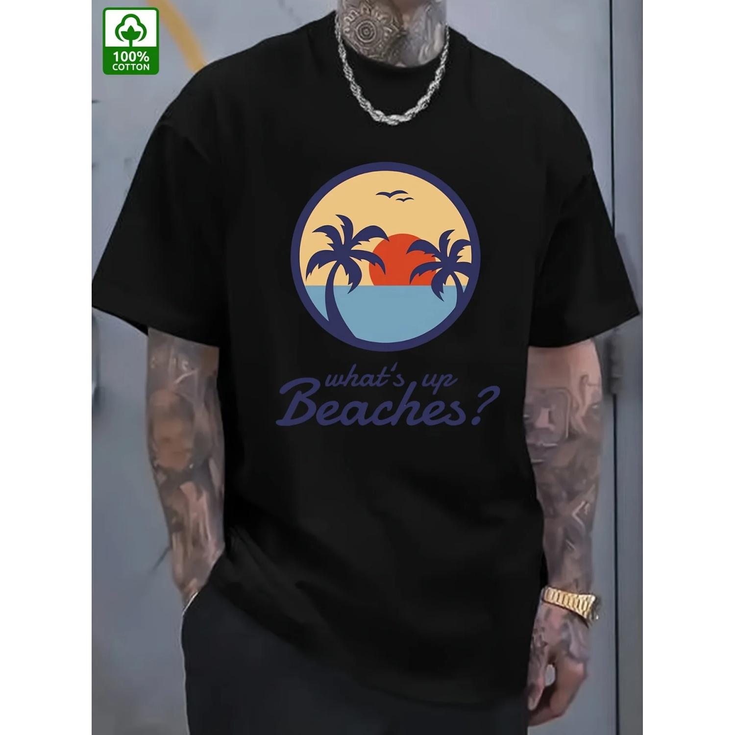

Summer Fashion Men s Pure Cotton T-shirt with Beach Front Pattern Print for Outdoor Wear, Men s Fashionable Pure Cotton T-shirt S чёрный