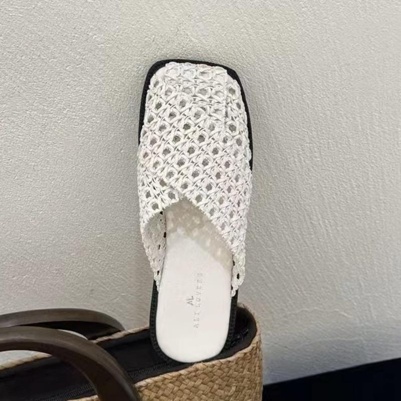 Fashion SUOJIALUN 2025 Autumn Women Slip On Mules Shoes Fashion Weave Hollow Out Ladies Elegant Slipper Soft Flat Heel Casual Slides Sho