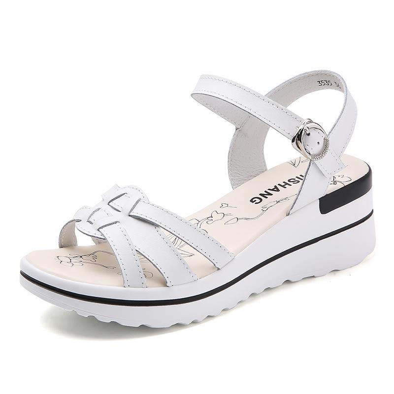 New Leather Wedge Heel Mother Sandals Fashionable and Casual Versatile Platform Muffin and Beach Women's Sandals