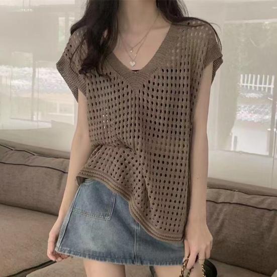 Women Tops Hollow Out V-neck Sleeveless Knit Tank Tops Solid Color Soft Breathable Vest Summer See-through Vintage Clothing