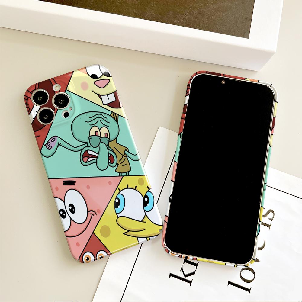 MINISO Cartoon Funny FACE S-SpongeBob Phone Case For IPhone 16 15 14 13 12 11 Plus Pro Max Mini Glossy HD Hard Cover Film Shell