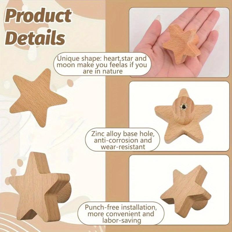 Gałki do szuflad w kształcie gwiazdy w stylu bohemy, 6 szt. drewniane uchwyty do komody z drewna bukowego do szaf/szuflad/szafek, ze śrubami