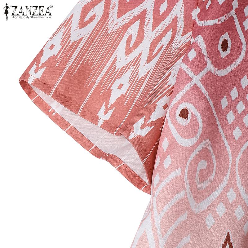 ZANZEA Kobiety Casualowy Letni Sukienka z Krótkim Rękawem i Nadrukiem z Dekoltem w Serek