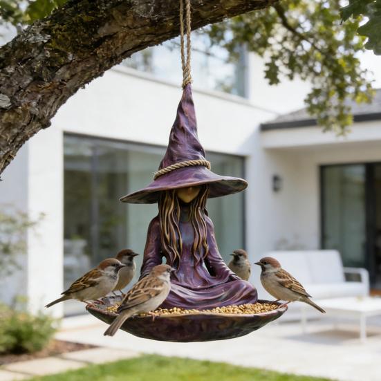 Witch Garden Statue Bird Feeder for Outdoors Resin Hanging Wild Bird Feeder for Outside Patio Backyard Birdwatching