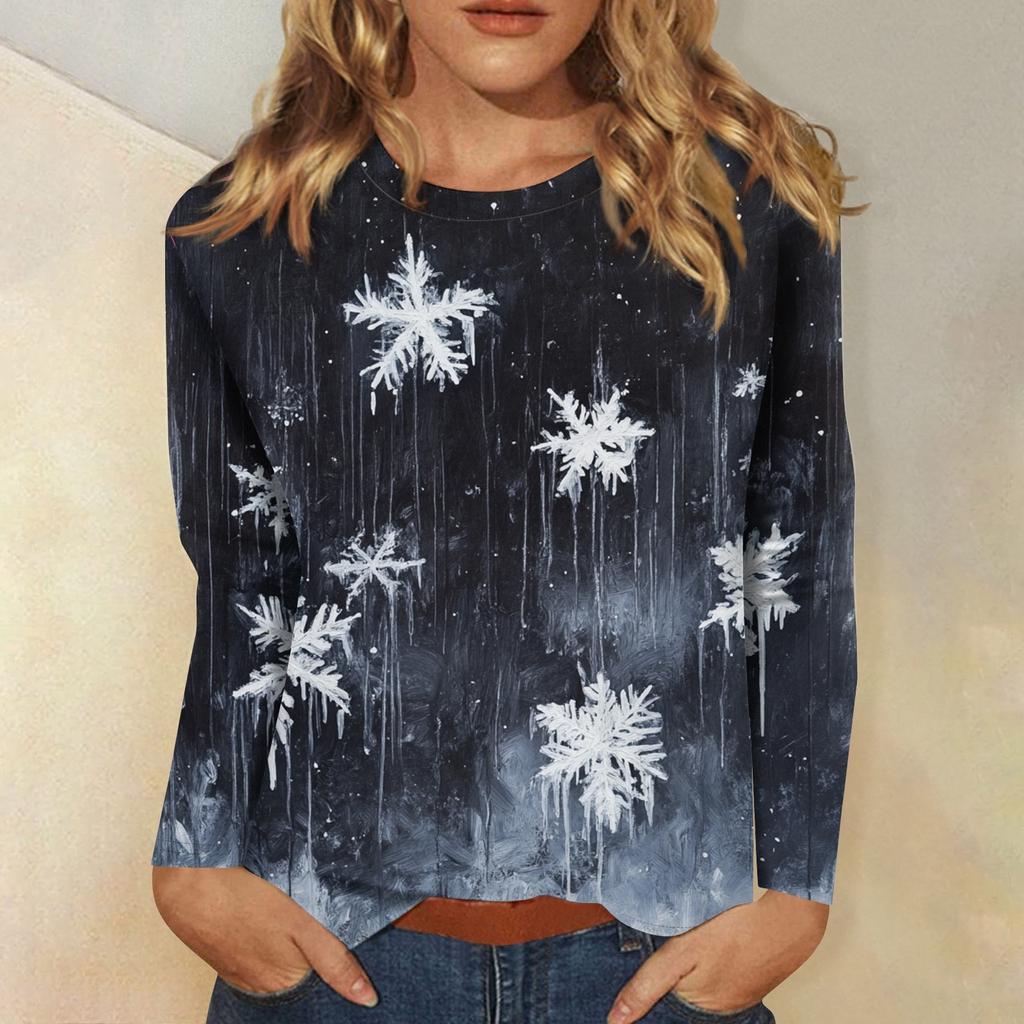 3D Christmas Snowflake Gradient Print Round Neck Long Sleeve T-shirt Casual Long Sleeve Top Party Loose Women's Top