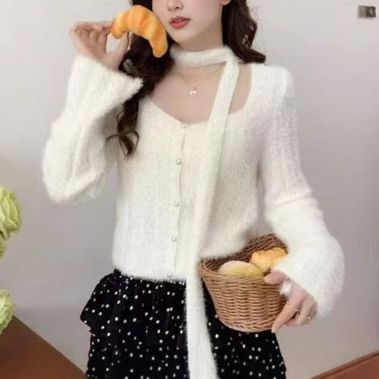 Light Luxury Imitation Mink Velvet Knitted Sweater Women's Base Autumn and Winter White Design Temperament Neck Foreign Style Cardigan Top