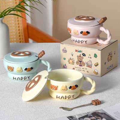Cute Mug with Lid and Spoon Ceramic Girls High Looking Children's Cups for Household Brewing Cups Light Food Breakfast Cups