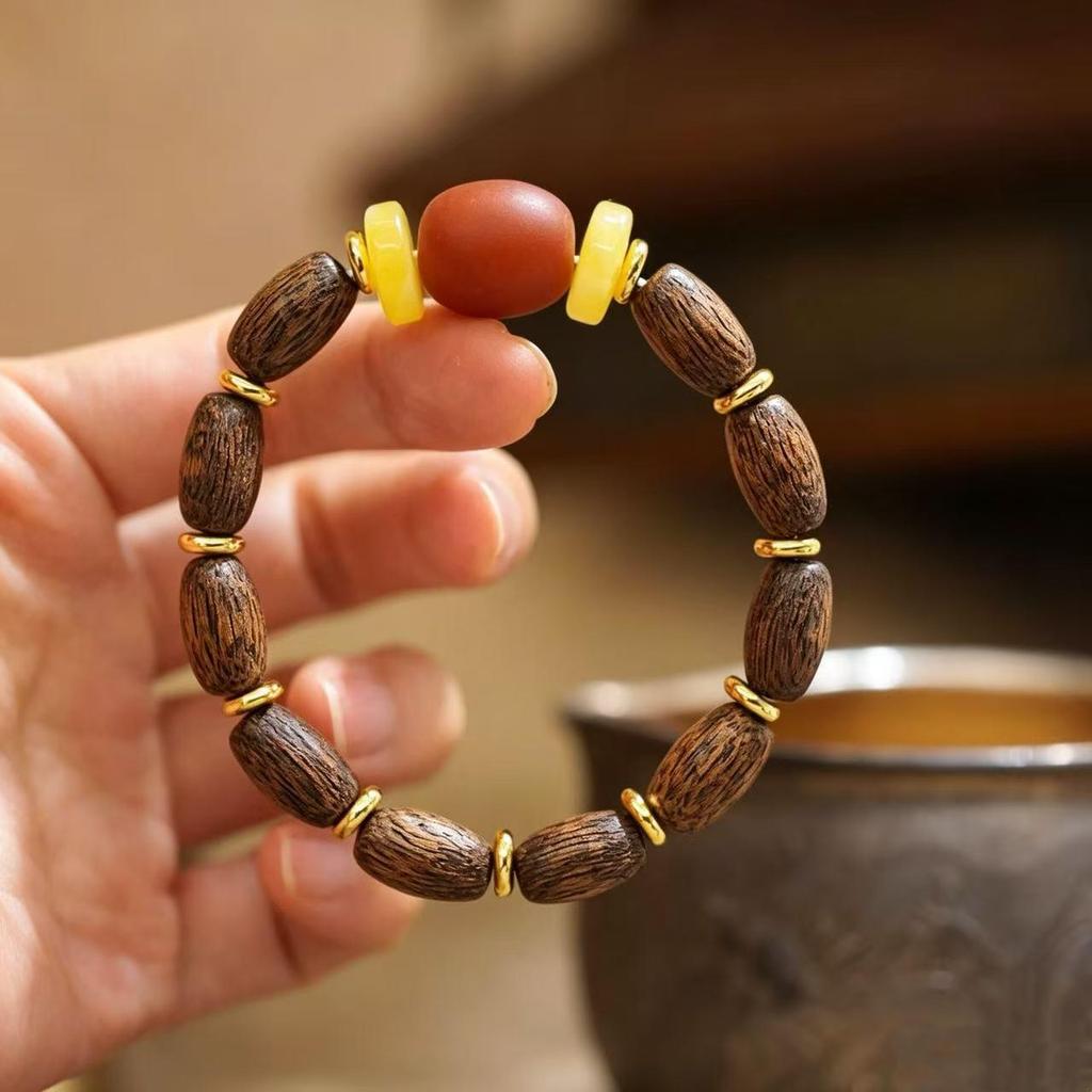 Exquisite Carved Agarwood & Imitation Beeswax Ethnic Prayer Beads Bracelet for Women