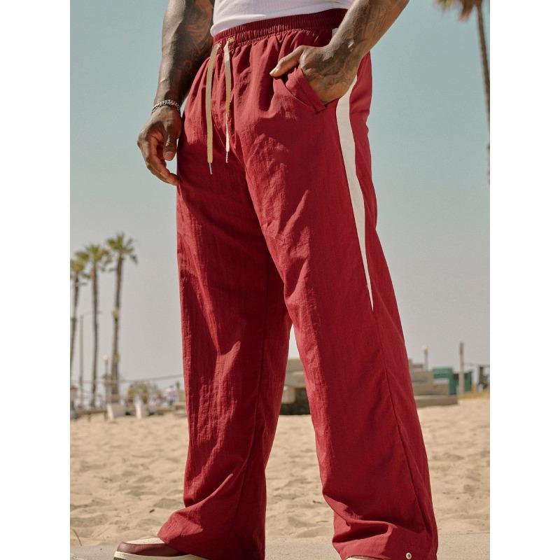 Men Side Stripe Wide Leg Track Pants Elastic Waist Drawstring Casual Trousers S красный