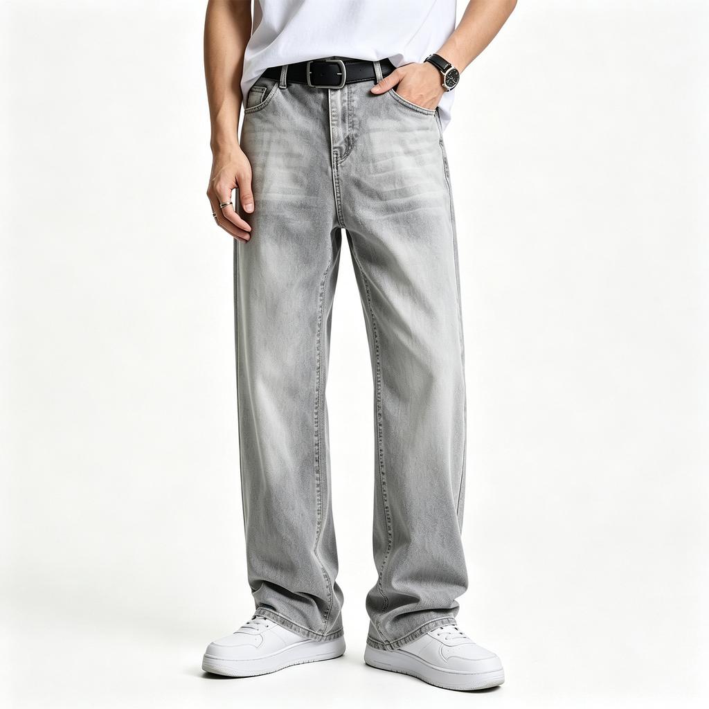 Herren Straight Leg Jeans, Bequeme Graue Denim-Hose für Frühling und Herbst, Lässige Kleidung