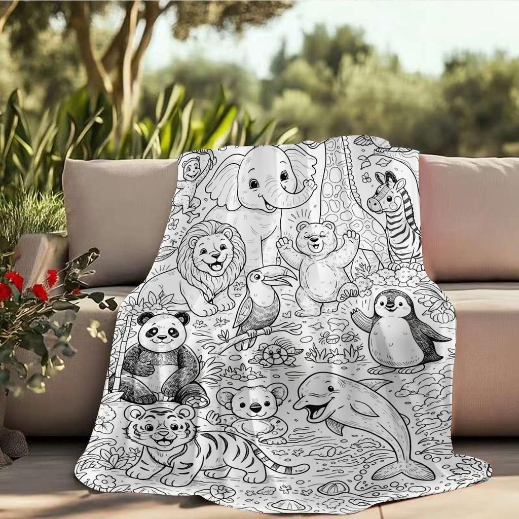Couverture Animalière Ligne Art Jungle & Océan Style Livre de Coloriage - Jeté Doux Polyvalent Toutes Saisons pour Chambre, Canapé & Linge de Lit