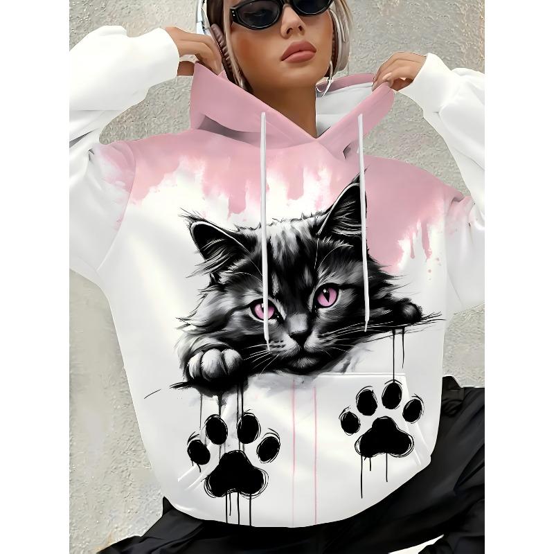 Women's Casual Hooded Sweatshirt with Pockets, Cute Cat Print, Pink Graffiti Background, Everyday Relaxed Fit