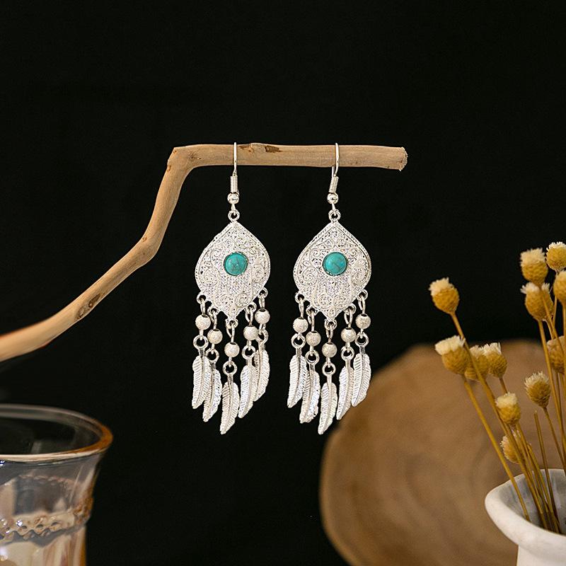 Ethnic Style Miao Silver Fringed Earrings, Bohemian Turquoise Fringed Earrings, Minority Tourist Attractions Earrings