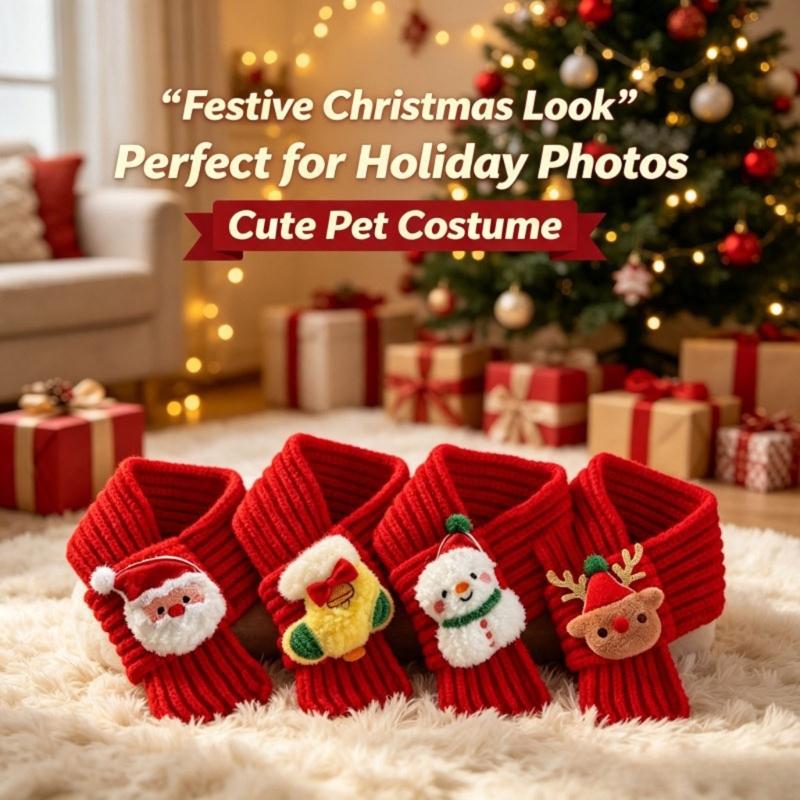 Knitted Pet Scarf Collar Set of 4 for Small Dog and Cats, Christmas Dress Up Neckwear, Soft Neck Scarves for Holiday Photo Accessory
