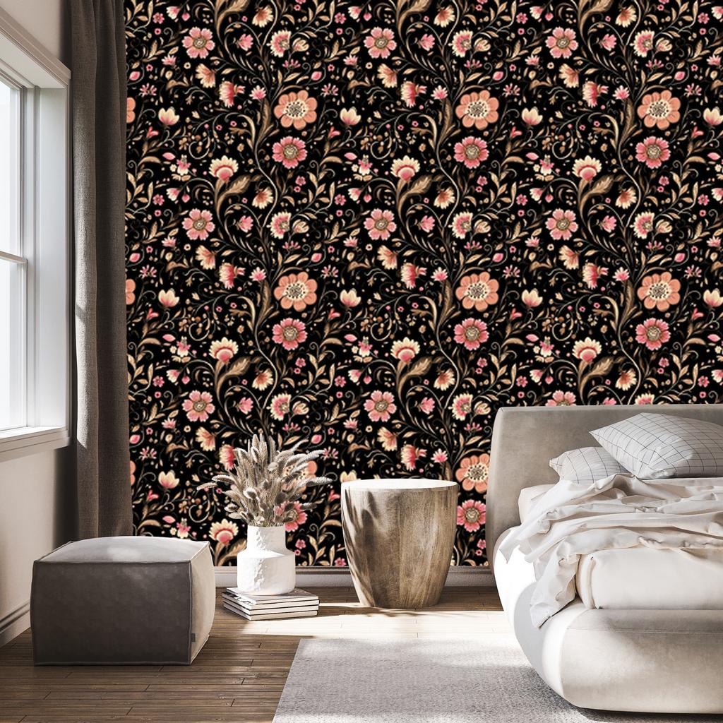 Beautiful Flowers Wallpaper Black and Brown for Living Room and Bedroom 50x1000